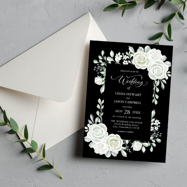 Gothic Black and White Tropical Roses Wedding Invitation (Creator Uploaded)