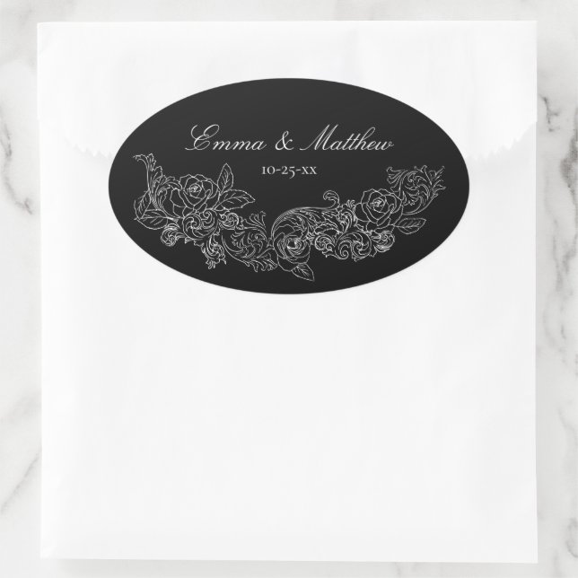 Gothic Black and White Wedding Monogram Oval Sticker (Bag)