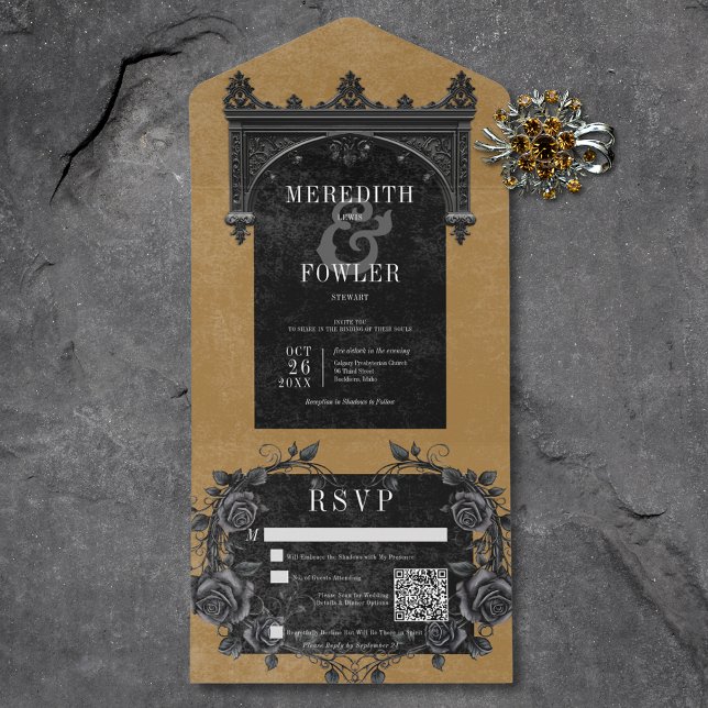Gothic Black Arch & Black Roses Gold QR Code All In One Invitation (Gothic Black Arch & Black Roses Gold QR Code All In One Invitation)