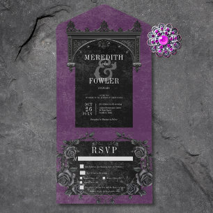 Gothic Black Arch & Black Roses Purple Dinner All In One Invitation