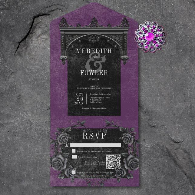 Gothic Black Arch & Black Roses Purple QR Code All In One Invitation (Gothic Black Arch & Black Roses Purple QR Code All In One Invitation)