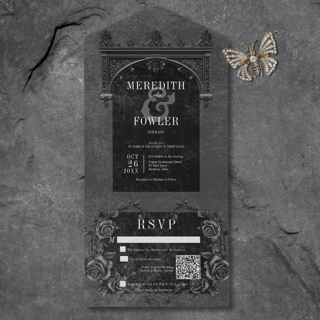 Gothic Black Arch & Black Roses QR Code All In One Invitation (Gothic Black Arch & Black Roses QR Code All In One Invitation)