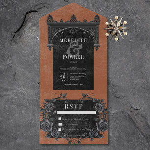 Gothic Black Arch & Black Roses Rust No Dinner All In One Invitation