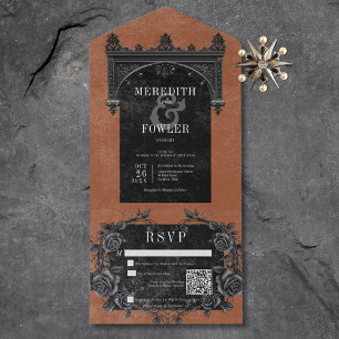 Gothic Black Arch & Black Roses Rust QR Code All In One Invitation