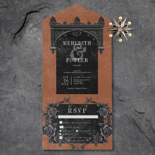 Gothic Black Arch & Black Roses Rust Three Dinner All In One Invitation