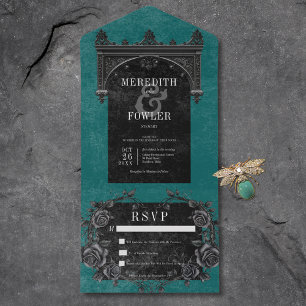 Gothic Black Arch & Black Roses Teal No Dinner All In One Invitation