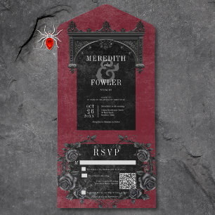 Gothic Black Arch & Black Roses Wine QR Code All In One Invitation