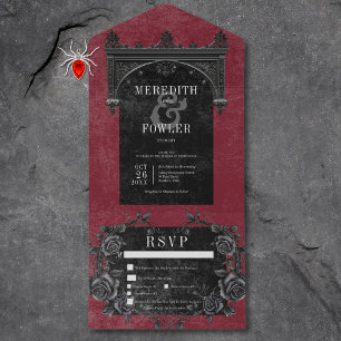 Gothic Black Arch & Black Roses Wine Three Dinner All In One Invitation