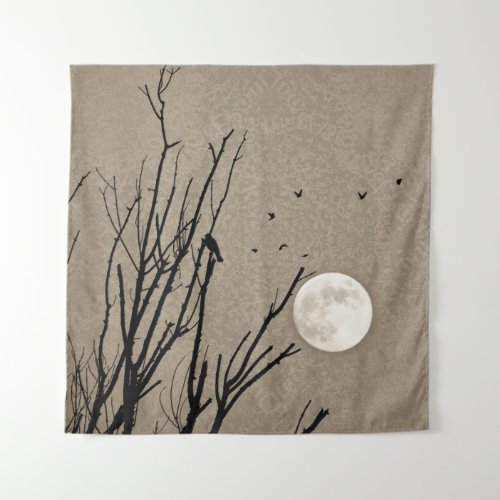 Gothic Black Bird and Full Moon Silhouette Sepia Tapestry