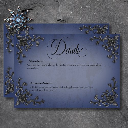 Gothic Black  Blue Filigree Heart Details Enclosure Card