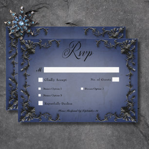 Gothic Black & Blue Filigree Heart Dinner RSVP Card