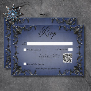 Gothic Black & Blue Filigree Heart QR Code RSVP Card