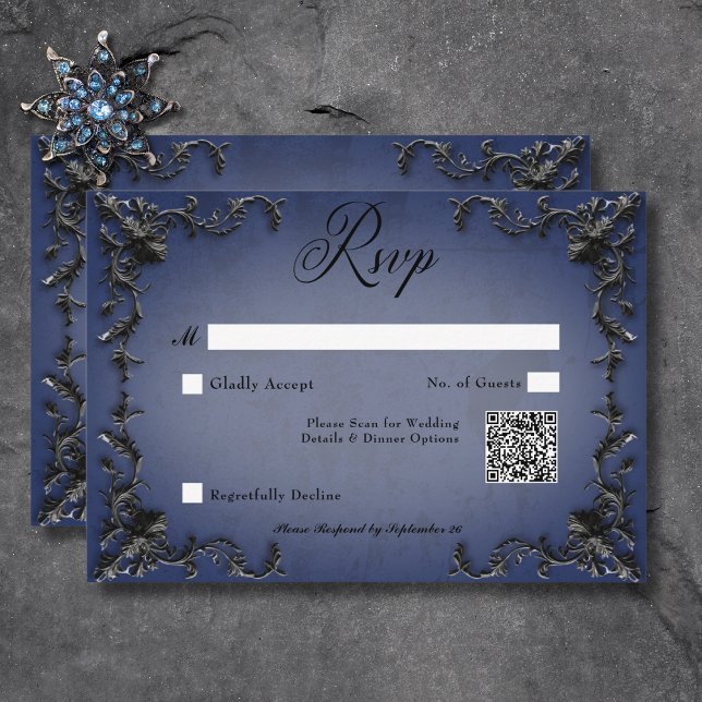 Gothic Black & Blue Filigree Heart QR Code RSVP Card (Gothic Black & Blue Filigree Heart QR Code RSVP Card)