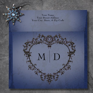 Gothic Black & Blue Filigree Heart Wedding Envelope