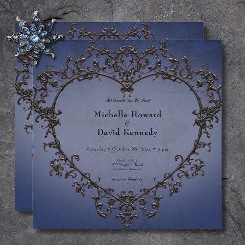 Gothic Black  Blue Filigree Heart Wedding Invitation