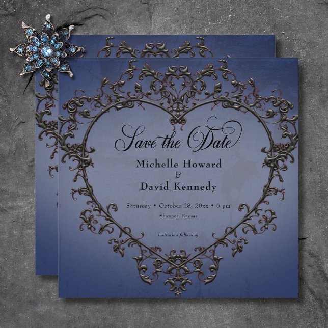 Gothic Black & Blue Filigree Heart Wedding Save The Date (Gothic Black & Blue Filigree Heart Wedding Save The Date)