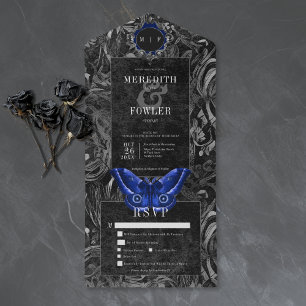 Gothic Black Blue Filigree Moth Dinner Wedding All In One Invitation