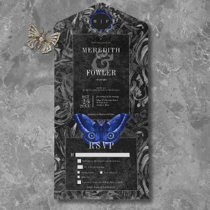 Gothic Black Blue Filigree Moth Dinner Wedding All In One Invitation