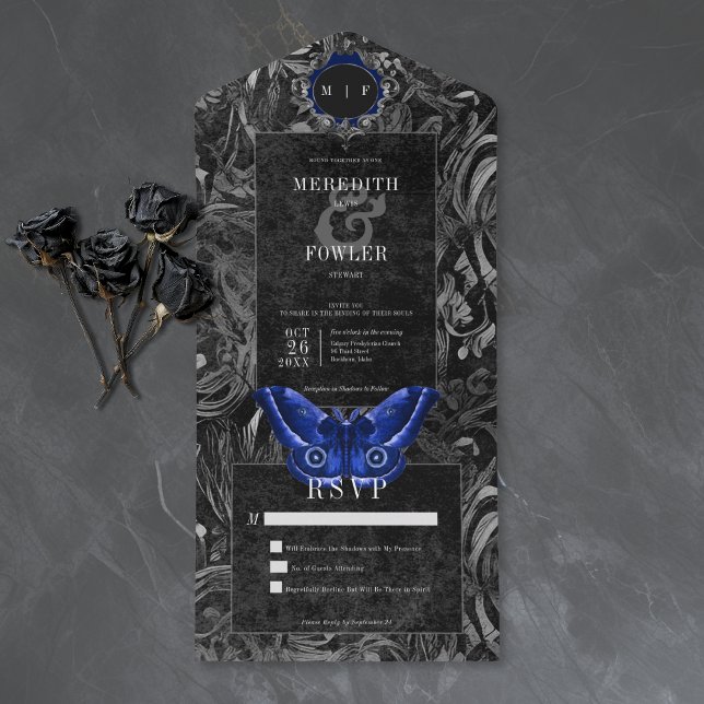 Gothic Black Blue Filigree Moth No Dinner Wedding All In One Invitation (Creator Uploaded)