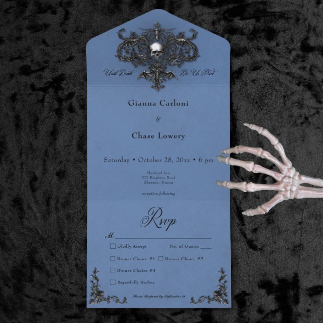 Gothic Black & Blue Halloween Filigree Dinner All In One Invitation (Gothic Black & Blue Halloween Filigree Dinner All In One Invitation)