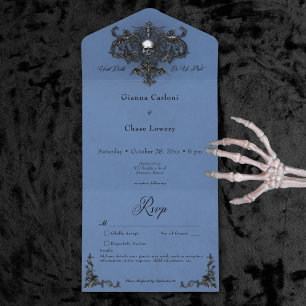 Gothic Black & Blue Halloween Filigree No Dinner All In One Invitation