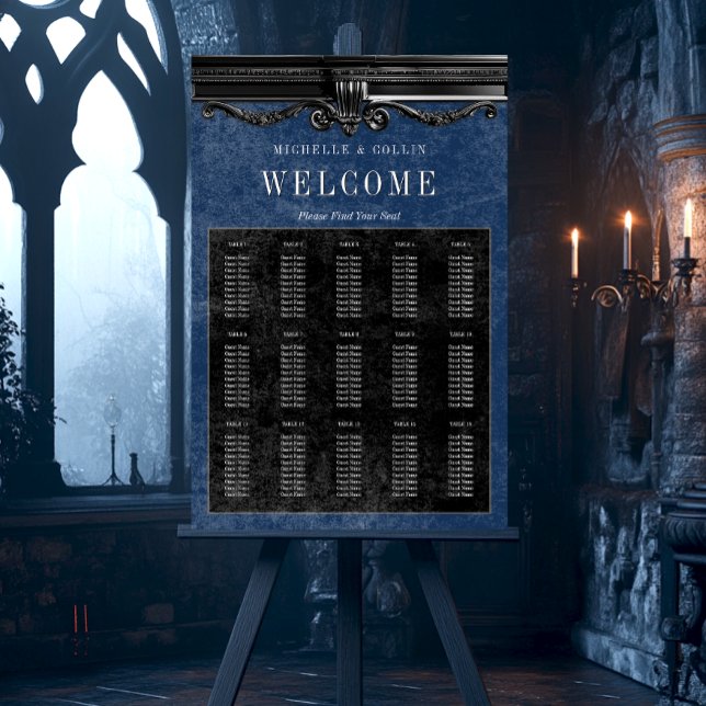 Gothic Black & Blue Wedding Seating Chart Foam Board (Gothic Black & Blue Wedding Seating Chart)