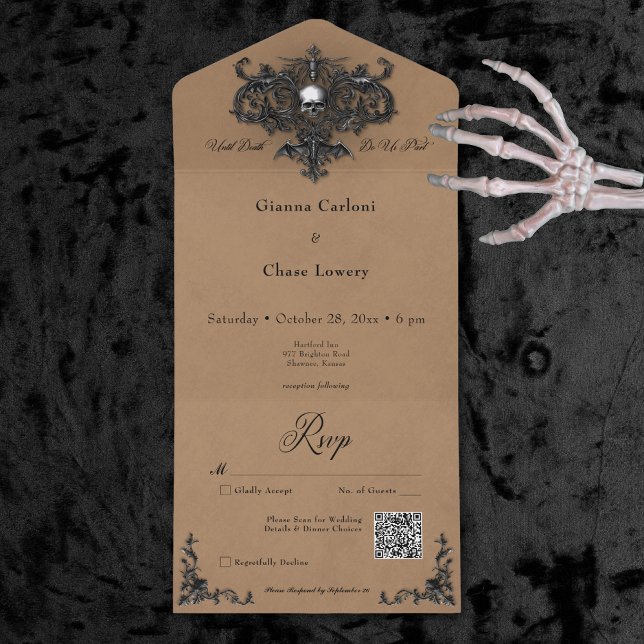 Gothic Black & Brown Halloween Filigree QR Code All In One Invitation (Gothic Black & Brown Halloween Filigree QR Code All In One Invitation)
