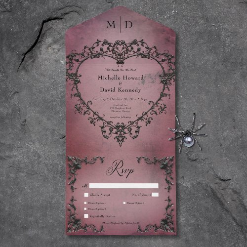 Gothic Black  Burgundy Filigree Heart Dinner All In One Invitation