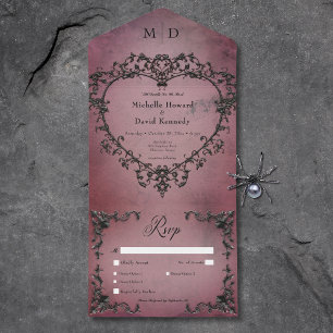 Gothic Black & Burgundy Filigree Heart Dinner All In One Invitation