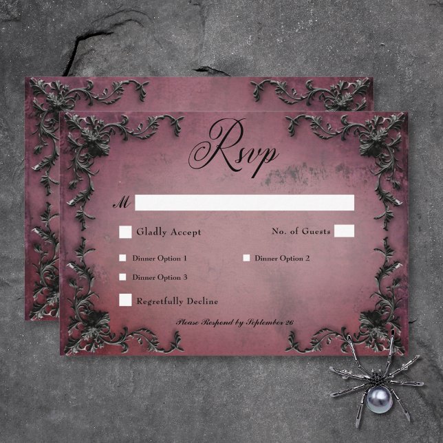 Gothic Black & Burgundy Filigree Heart Dinner RSVP Card (Gothic Black & Burgundy Filigree Heart Wedding RSVP Card with Dinner Options)
