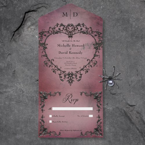 Gothic Black  Burgundy Filigree Heart No Dinner All In One Invitation