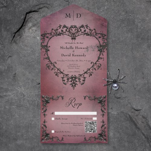 Gothic Black  Burgundy Filigree Heart QR Code All In One Invitation