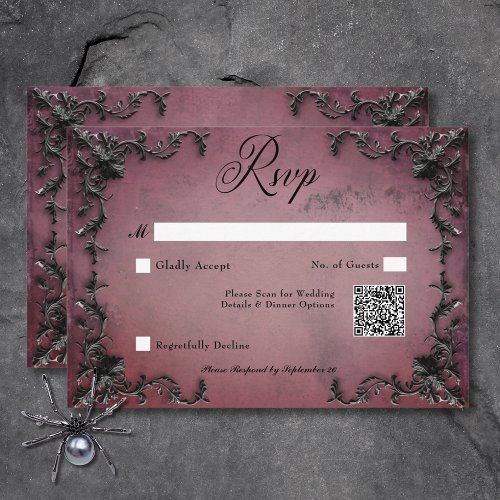 Gothic Black  Burgundy Filigree Heart QR Code RSVP Card