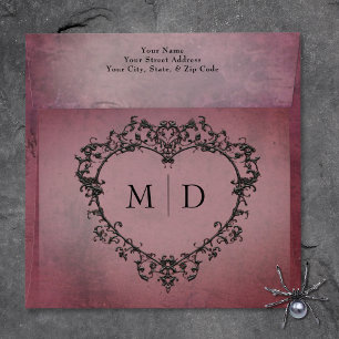 Gothic Black & Burgundy Filigree Heart Wedding Envelope
