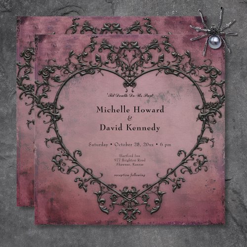 Gothic Black  Burgundy Filigree Heart Wedding Invitation