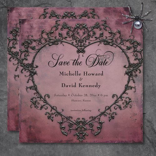 Gothic Black  Burgundy Filigree Heart Wedding Save The Date