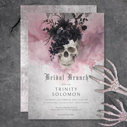 Gothic Black  Burgundy Floral Skull Bridal Brunch Invitation