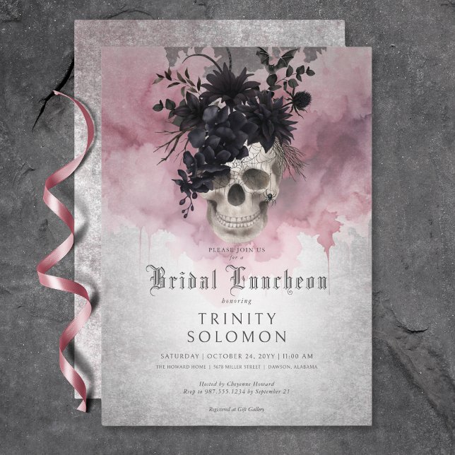 Gothic Black & Burgundy Floral Skull Bridal Lunch Invitation (Gothic Black & Burgundy Floral Skull Bridal Lunch Invitation)