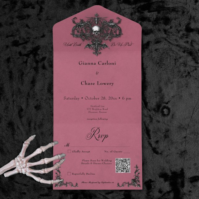 Gothic Black & Burgundy Halloween Filigree QR Code All In One Invitation (Gothic Black & Burgundy Halloween Filigree QR Code All In One Invitation)