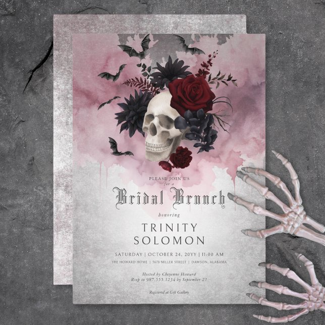Gothic Black & Burgundy Skull & Bats Bridal Brunch Invitation (Gothic Black & Burgundy Skull & Bats Bridal Brunch Invitation)