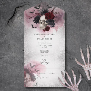 Gothic Black & Burgundy Skull & Bats No Dinner All In One Invitation