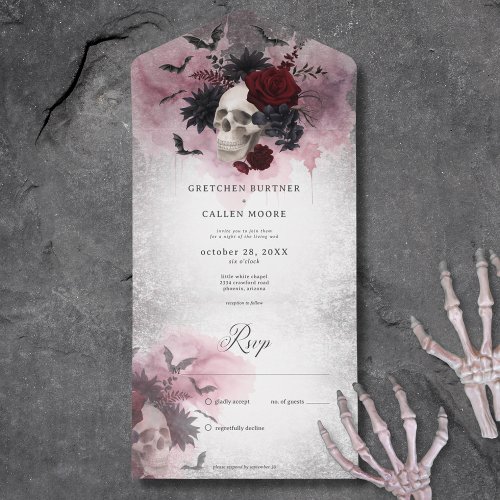 Gothic Black  Burgundy Skull  Bats No Dinner All In One Invitation