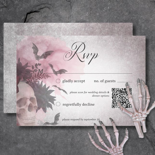 Gothic Black & Burgundy Skull & Spider QR Code RSVP Card (Gothic Black & Burgundy Skull & Spider QR Code RSVP Card)