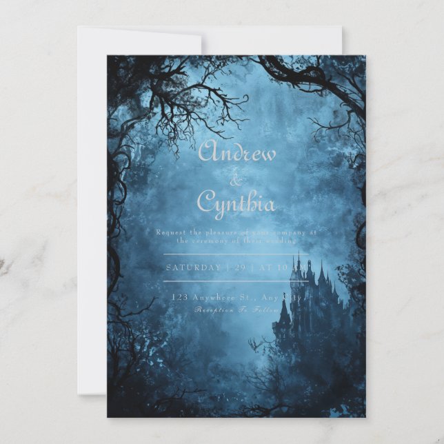 Gothic Black Castle Forest Fantasy Wedding Invitation (Front)