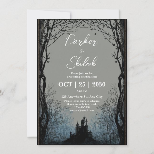 Gothic Black Castle Spooky Forest Wedding Invitation (Front)