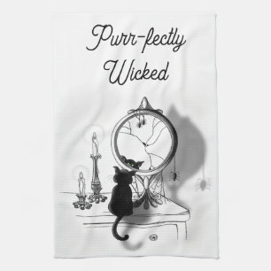 Gothic Black Cat Broken Mirror Halloween Kitchen Towel