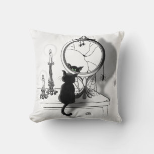Gothic Black Cat Broken Mirror Halloween Throw Pillow