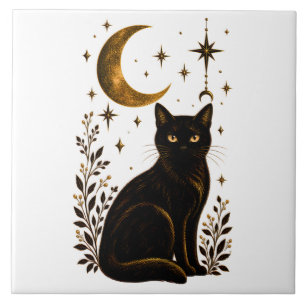 Gothic Black Cat Celestial Moon Botanical Ceramic Tile