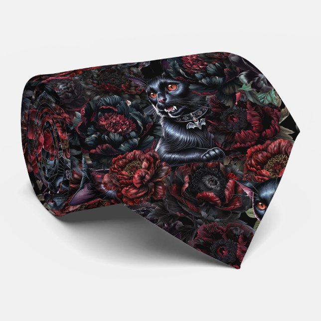 Gothic Black Cat & Dark Flowers Pattern  Neck Tie (Rolled)