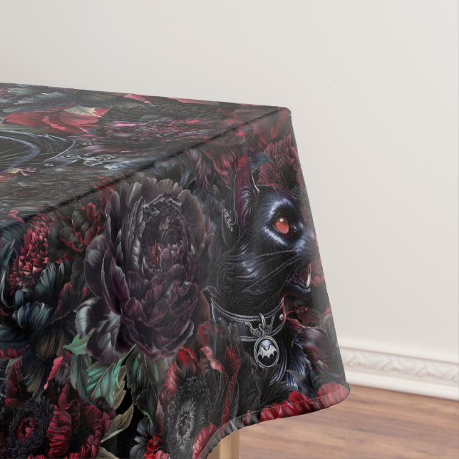 Gothic Black Cat & Dark Flowers Pattern  Tablecloth (In Situ)